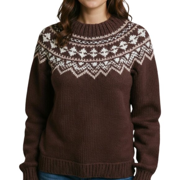 Wool Chunky Hand Knit Fair Isle Sweater Brown Tan Warm Cozy Cabincore Ski Chalet - Picture 2 of 11